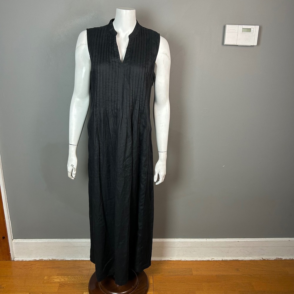 J. Jill Black Linen Maxi Shirt Dress Medium Pintuck Lagenlook Minimalist